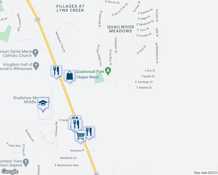 map of restaurants, bars, coffee shops, grocery stores, and more near 12725 Bradshaw Mountain Road in Prescott Valley