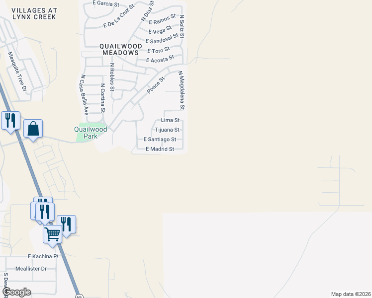 map of restaurants, bars, coffee shops, grocery stores, and more near 13119 East Madrid Street in Prescott Valley