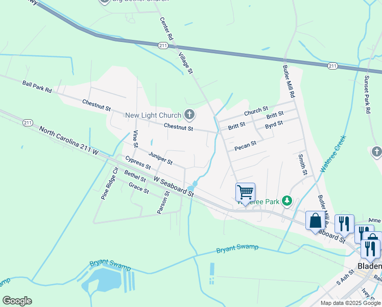 map of restaurants, bars, coffee shops, grocery stores, and more near 130 Juniper Street in Bladenboro