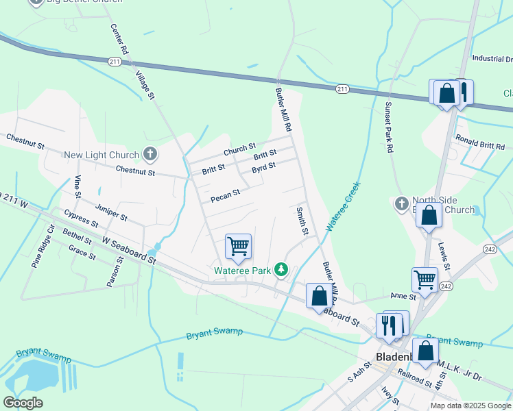 map of restaurants, bars, coffee shops, grocery stores, and more near 130 Hickory in Bladenboro