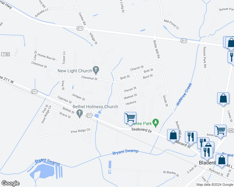 map of restaurants, bars, coffee shops, grocery stores, and more near 406 Village Street in Bladenboro