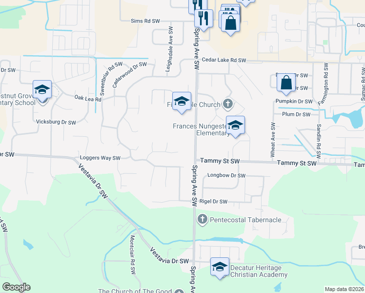 map of restaurants, bars, coffee shops, grocery stores, and more near 902 Whispering Pines Trail Southwest in Decatur