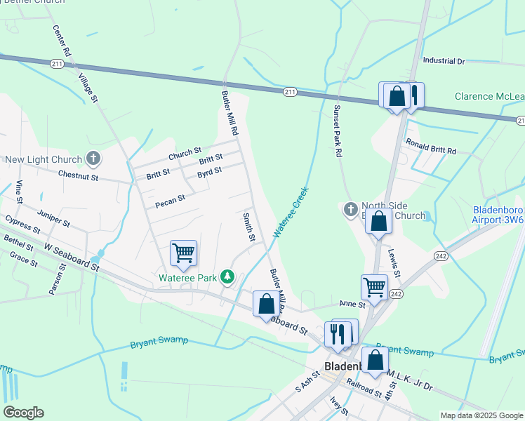 map of restaurants, bars, coffee shops, grocery stores, and more near 605 Butler Mill Road in Bladenboro