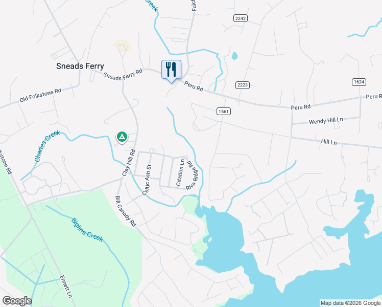 map of restaurants, bars, coffee shops, grocery stores, and more near 607 Riva Ridge Road in Sneads Ferry
