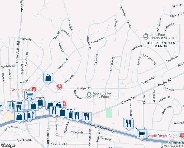 map of restaurants, bars, coffee shops, grocery stores, and more near 16238 Olalee Road in Apple Valley