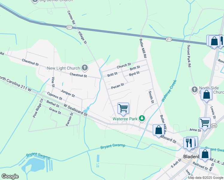 map of restaurants, bars, coffee shops, grocery stores, and more near 105 Pecan Street in Bladenboro