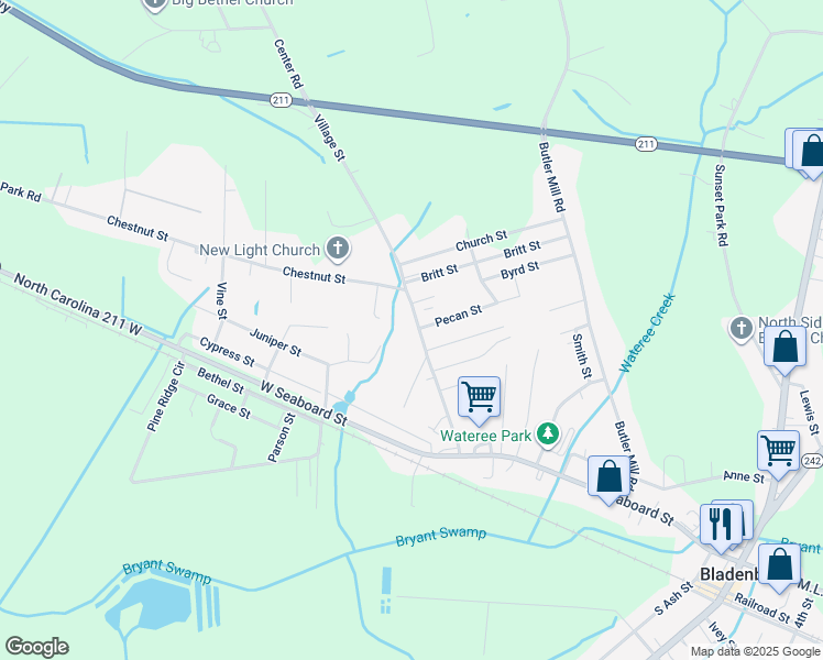 map of restaurants, bars, coffee shops, grocery stores, and more near 406 Village Street in Bladenboro