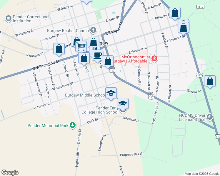 map of restaurants, bars, coffee shops, grocery stores, and more near 402 South Wright Street in Burgaw