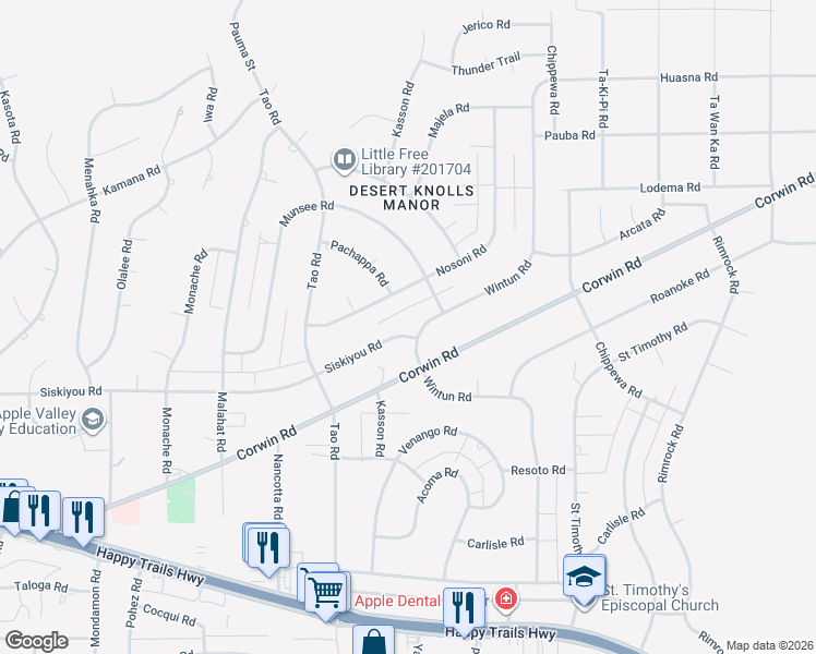 map of restaurants, bars, coffee shops, grocery stores, and more near 19050 Siskiyou Road in Apple Valley