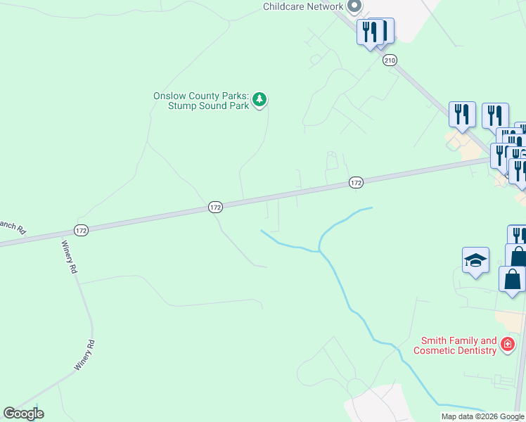 map of restaurants, bars, coffee shops, grocery stores, and more near 1786 Highway 172 in Sneads Ferry