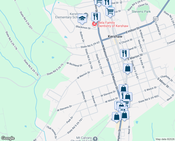 map of restaurants, bars, coffee shops, grocery stores, and more near 514 West Marion Street in Kershaw