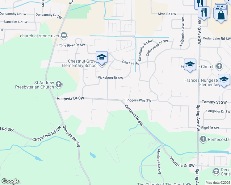 map of restaurants, bars, coffee shops, grocery stores, and more near 3313 Cedar Cove Southwest in Decatur
