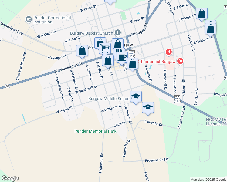 map of restaurants, bars, coffee shops, grocery stores, and more near 210 West Hayes Street in Burgaw