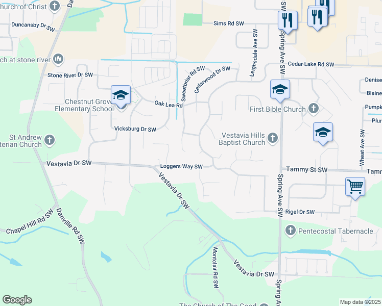 map of restaurants, bars, coffee shops, grocery stores, and more near 1019 Way Thru The Woods Southwest in Decatur