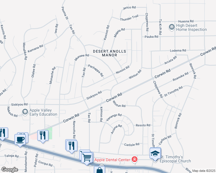 map of restaurants, bars, coffee shops, grocery stores, and more near 19050 Siskiyou Road in Apple Valley