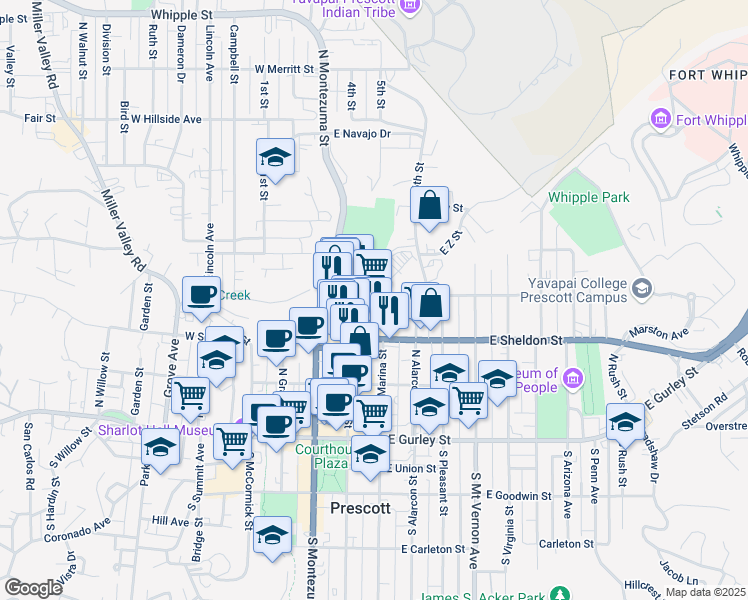 map of restaurants, bars, coffee shops, grocery stores, and more near 420 6th St in Prescott