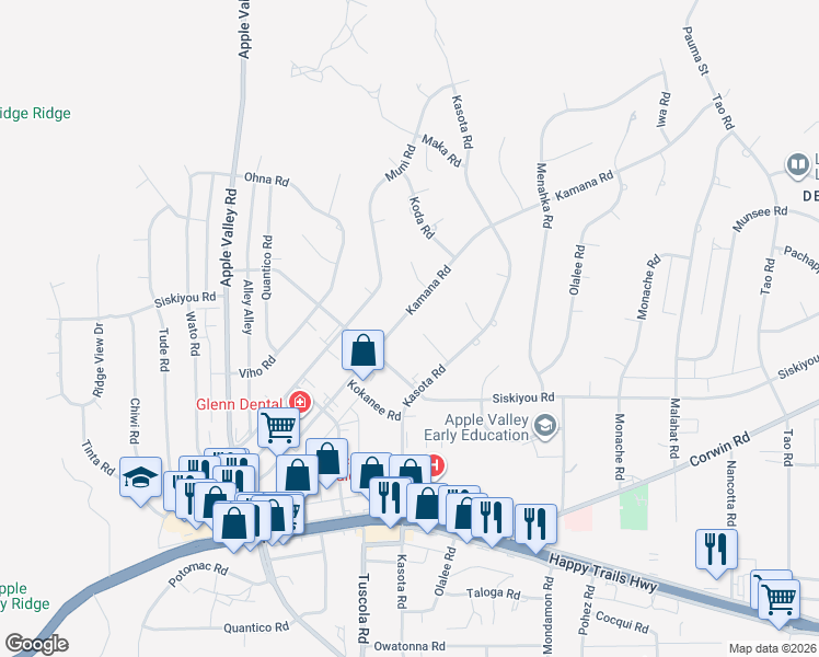 map of restaurants, bars, coffee shops, grocery stores, and more near 16273 Kamana Road in Apple Valley