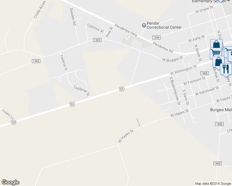 map of restaurants, bars, coffee shops, grocery stores, and more near 1281 Highway 53 in Burgaw