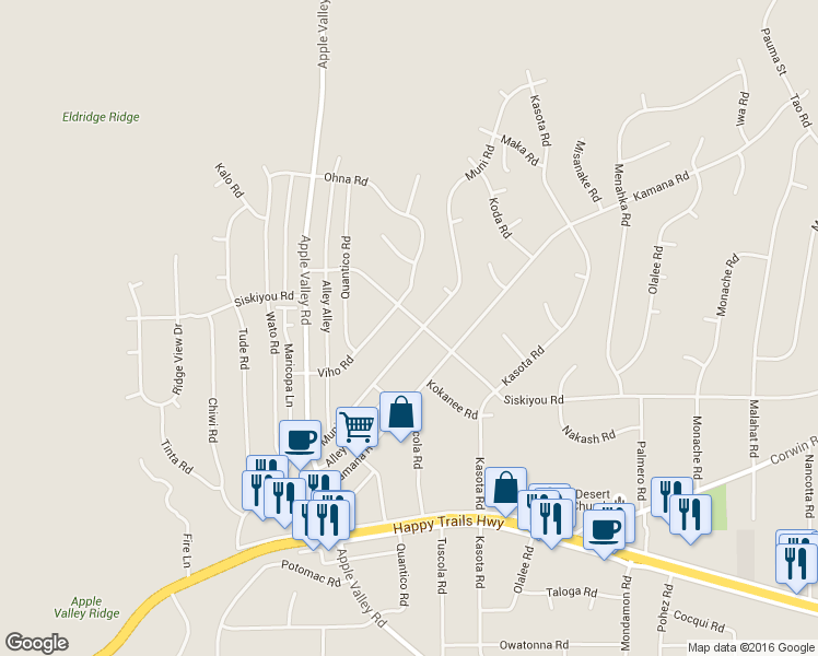 map of restaurants, bars, coffee shops, grocery stores, and more near 16244 Muni Road in Apple Valley