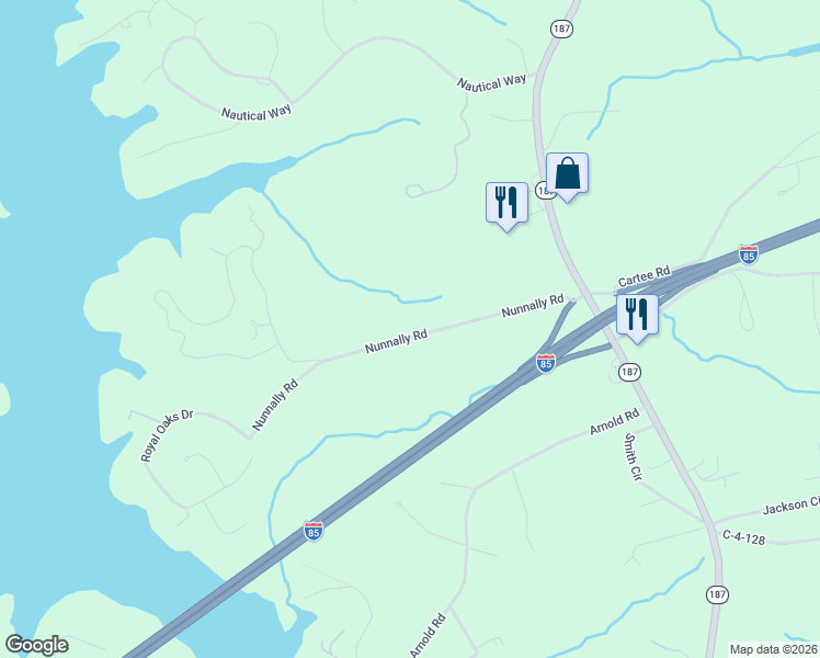 map of restaurants, bars, coffee shops, grocery stores, and more near 190 Nunnally Road in Anderson