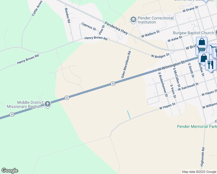 map of restaurants, bars, coffee shops, grocery stores, and more near 1281 Highway 53 in Burgaw
