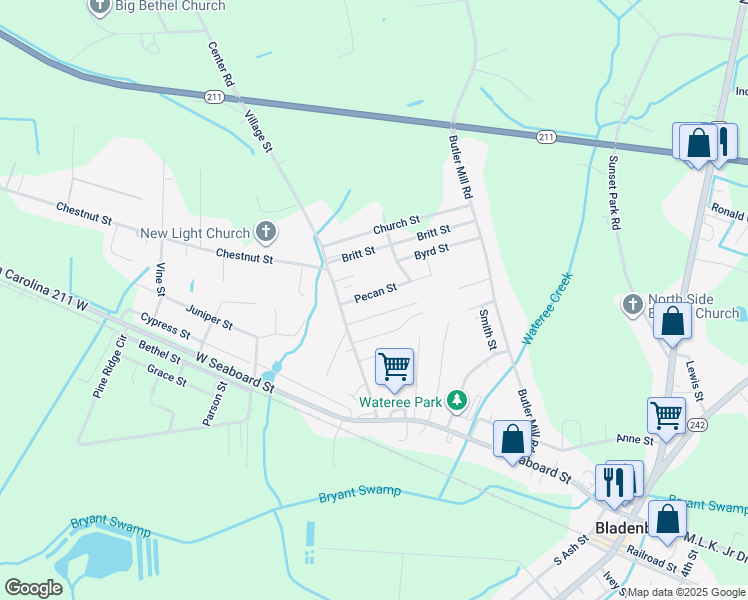 map of restaurants, bars, coffee shops, grocery stores, and more near 201 Pecan Street in Bladenboro