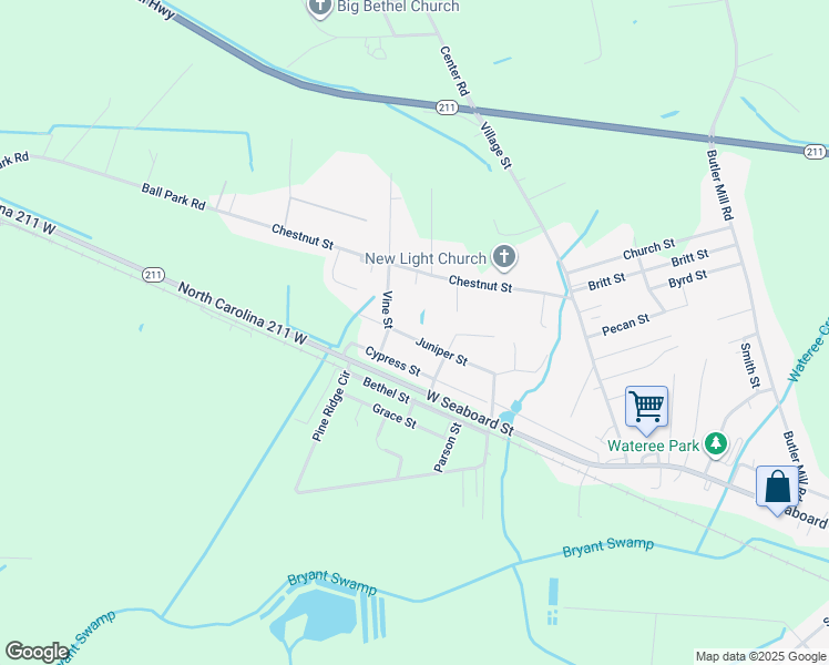 map of restaurants, bars, coffee shops, grocery stores, and more near Juniper Street in White Lake