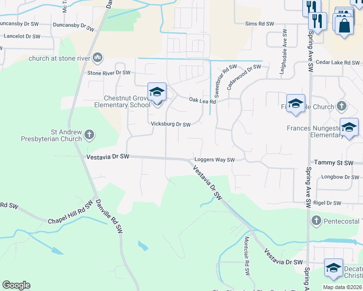 map of restaurants, bars, coffee shops, grocery stores, and more near 3313 Cedar Cove Southwest in Decatur