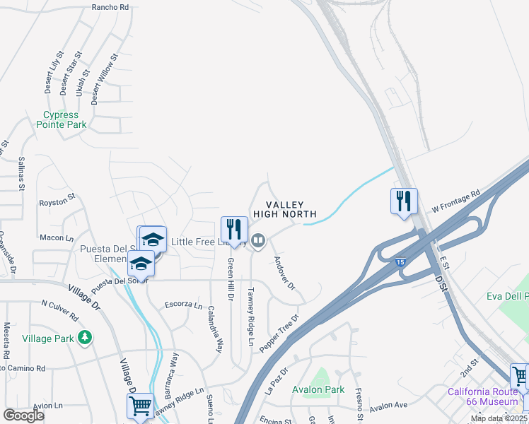 map of restaurants, bars, coffee shops, grocery stores, and more near 16278 Green Hill Drive in Victorville