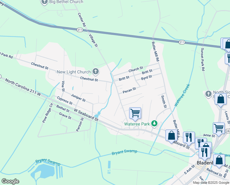 map of restaurants, bars, coffee shops, grocery stores, and more near 502 Village Street in Bladenboro