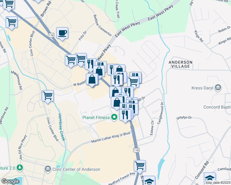map of restaurants, bars, coffee shops, grocery stores, and more near in Anderson