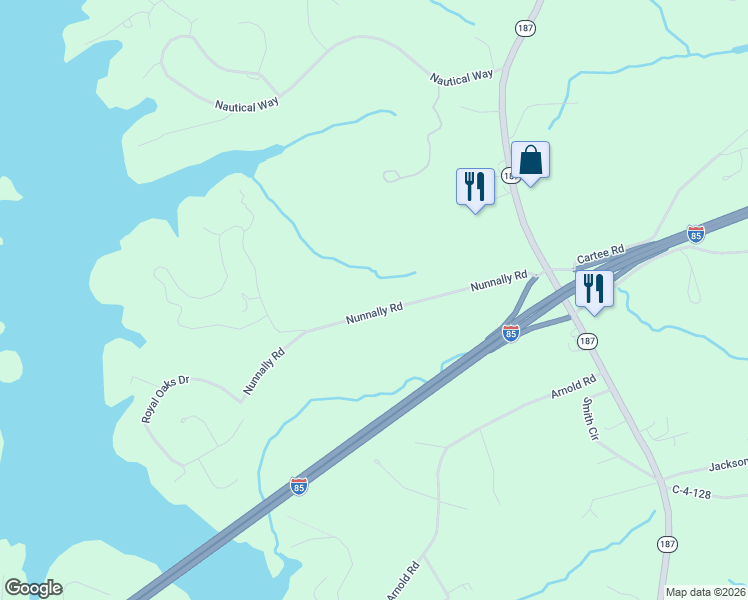 map of restaurants, bars, coffee shops, grocery stores, and more near 190 Nunnally Road in Anderson