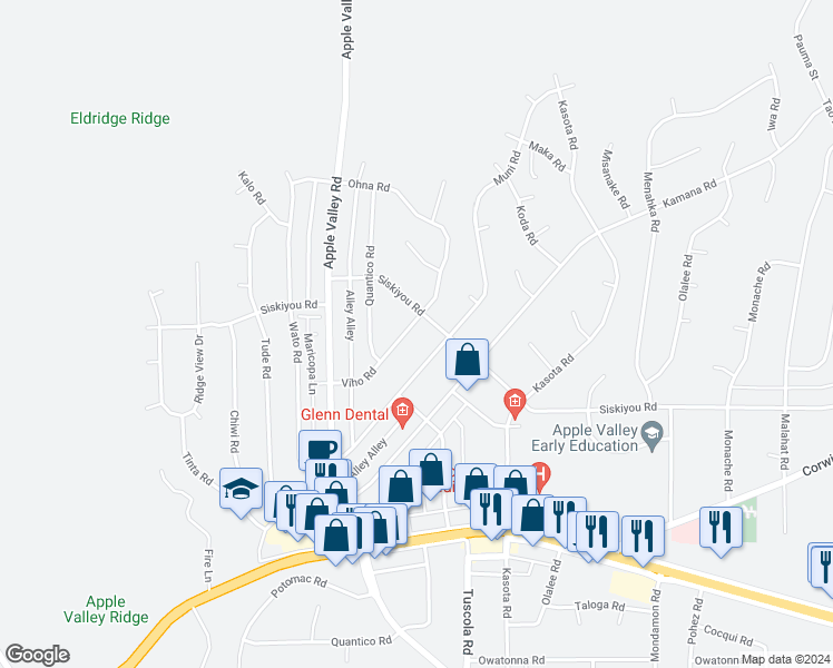 map of restaurants, bars, coffee shops, grocery stores, and more near 16244 Muni Road in Apple Valley