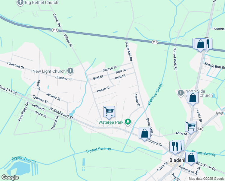 map of restaurants, bars, coffee shops, grocery stores, and more near 303 Pecan Street in Bladenboro