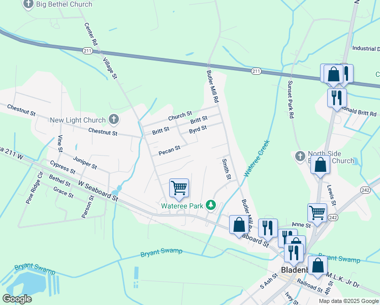 map of restaurants, bars, coffee shops, grocery stores, and more near 104 Hope Lane in Red Springs