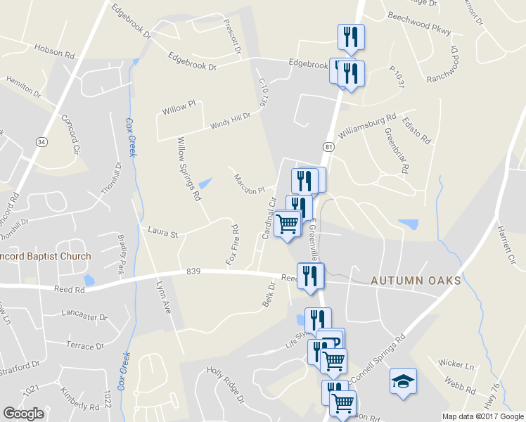 map of restaurants, bars, coffee shops, grocery stores, and more near 2015 Cardinal Circle in Anderson