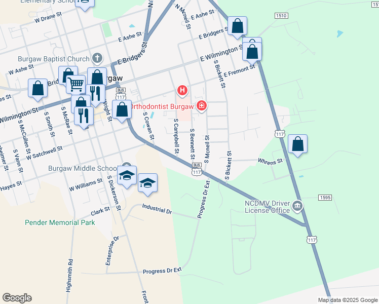 map of restaurants, bars, coffee shops, grocery stores, and more near 415 South Bennett Street in Burgaw