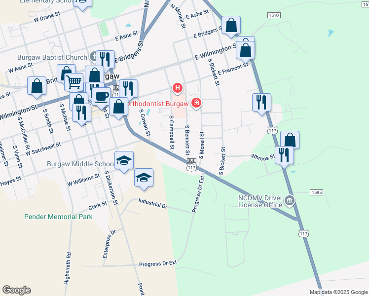 map of restaurants, bars, coffee shops, grocery stores, and more near 415 South Bennett Street in Burgaw