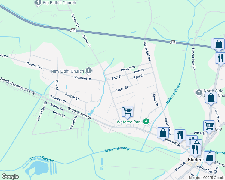 map of restaurants, bars, coffee shops, grocery stores, and more near 104 Pecan Street in Bladenboro