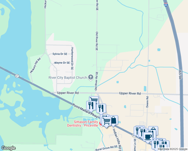map of restaurants, bars, coffee shops, grocery stores, and more near 3219 Old River Road Southeast in Decatur