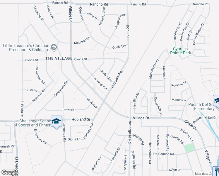map of restaurants, bars, coffee shops, grocery stores, and more near 16288 Llanada Avenue in Victorville