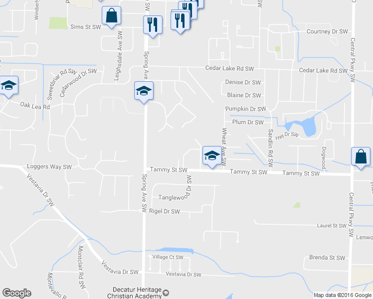 map of restaurants, bars, coffee shops, grocery stores, and more near 726 Tammy Street Southwest in Decatur