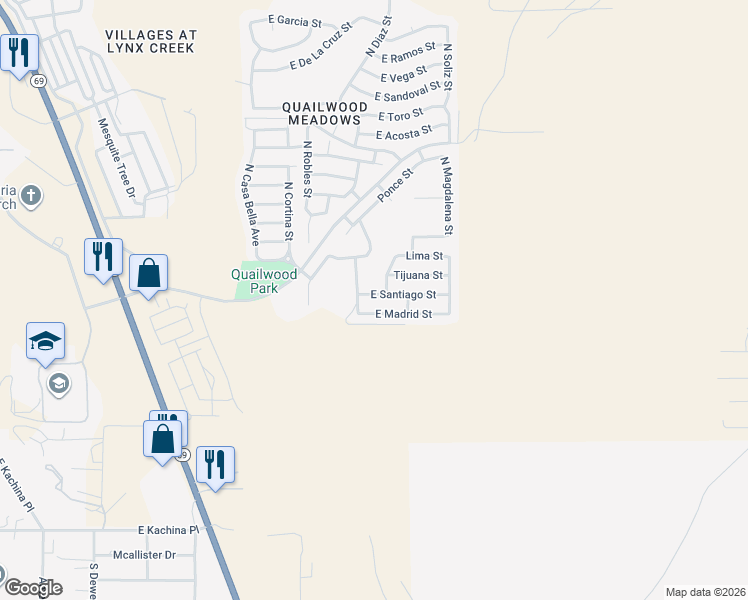 map of restaurants, bars, coffee shops, grocery stores, and more near 12943 East Madrid Street in Yavapai County