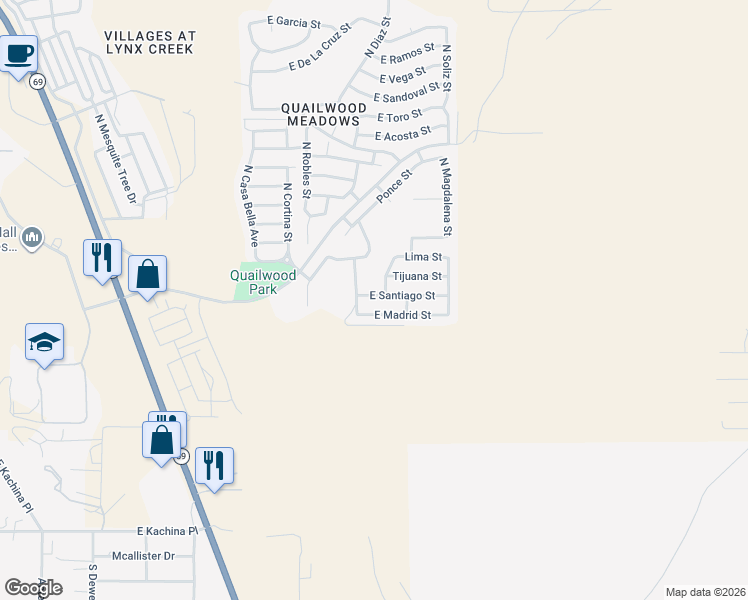 map of restaurants, bars, coffee shops, grocery stores, and more near 12943 East Madrid Street in Yavapai County