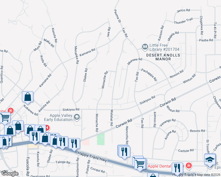 map of restaurants, bars, coffee shops, grocery stores, and more near 16274 Malahat Road in Apple Valley