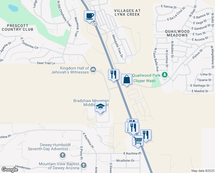 map of restaurants, bars, coffee shops, grocery stores, and more near 12255 East Turquoise Circle in Prescott Valley