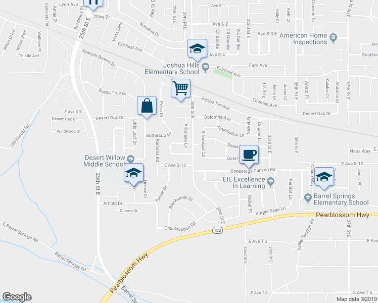 map of restaurants, bars, coffee shops, grocery stores, and more near 36624 Arbolada Lane in Palmdale