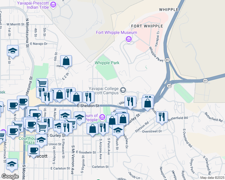 map of restaurants, bars, coffee shops, grocery stores, and more near 332a North Rush Street in Prescott