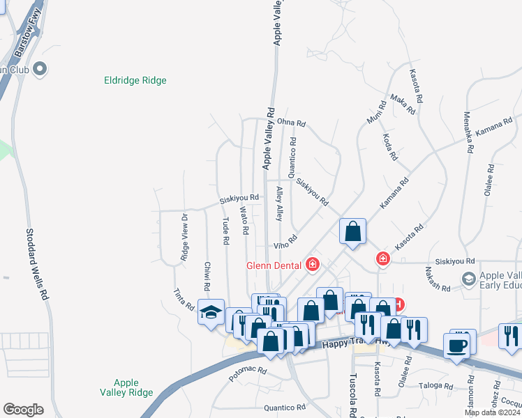 map of restaurants, bars, coffee shops, grocery stores, and more near 16287 Maricopa Lane in Apple Valley