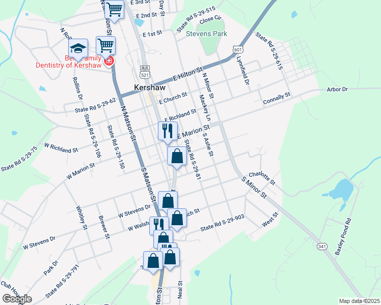 map of restaurants, bars, coffee shops, grocery stores, and more near in Kershaw